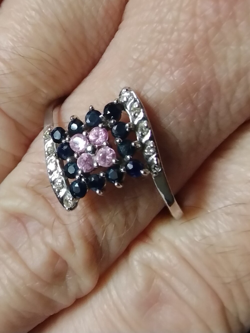 New 14K White Gold Diamond Blue & Pink Sapphire Cluster Ring SZ 9 3/4      2.8g
